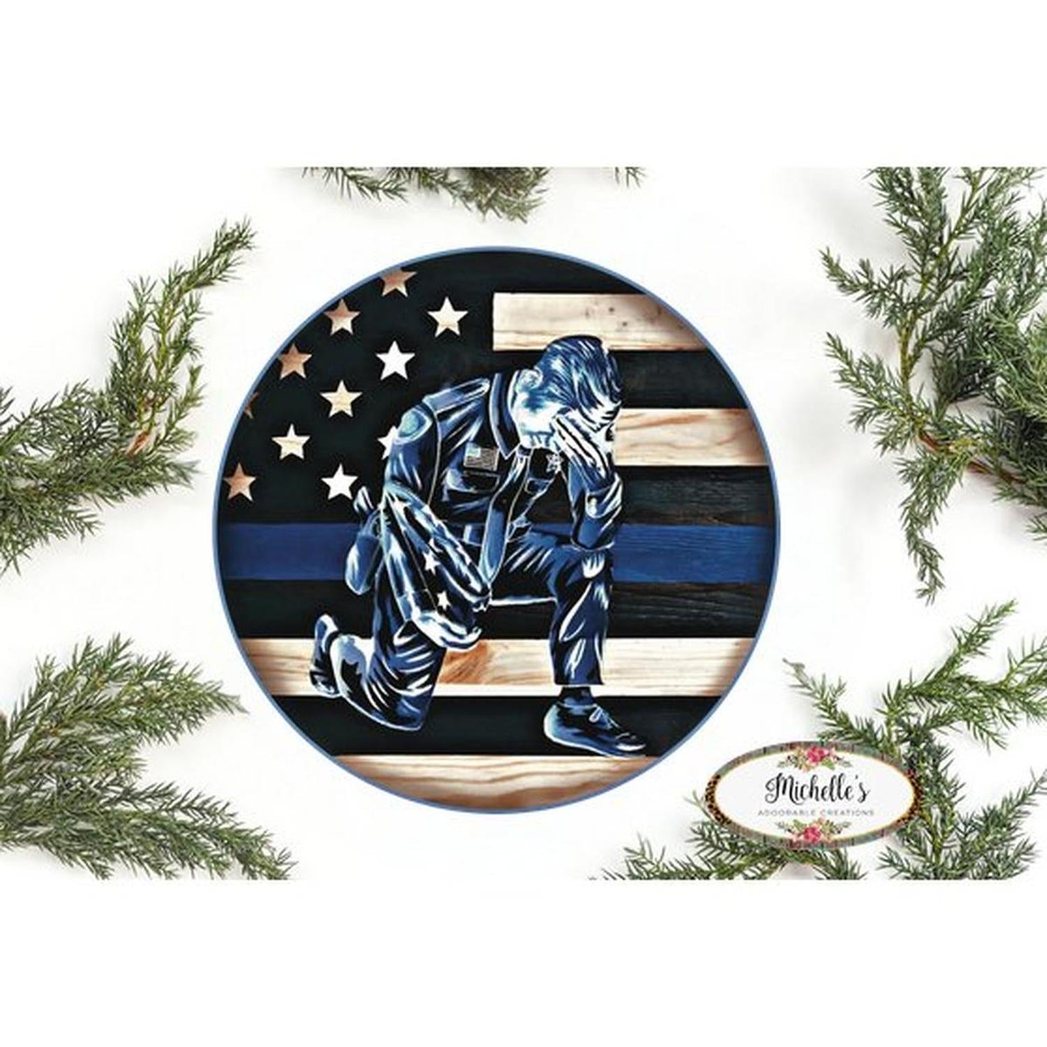 Shop For Police Officer Thin Blue Line Round Sign - Wreath Enhancement at Michelle's aDOORable Creations