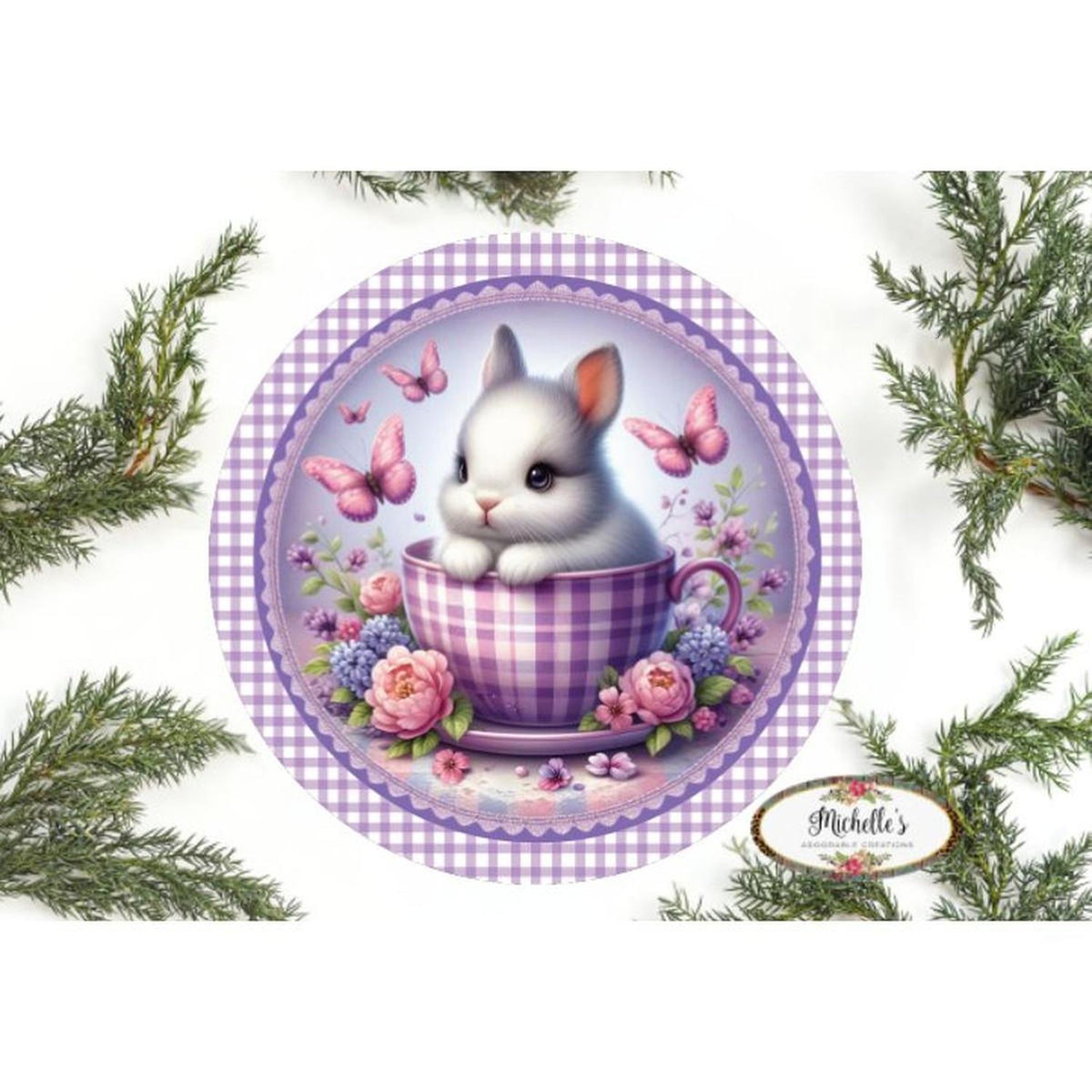 Shop For Purple Plaid Check Easter Spring Bunny Teacup Sign at Michelle's aDOORable Creations