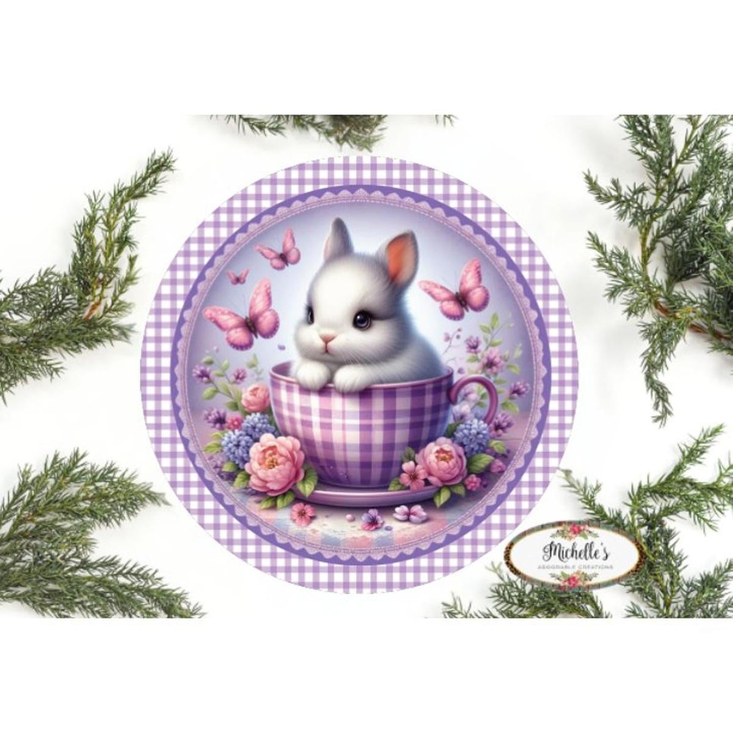 Shop For Purple Plaid Check Easter Spring Bunny Teacup Sign at Michelle's aDOORable Creations
