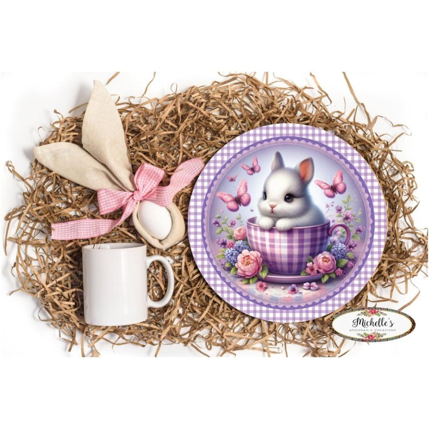 Purple Plaid Check Easter Spring Bunny Teacup Sign