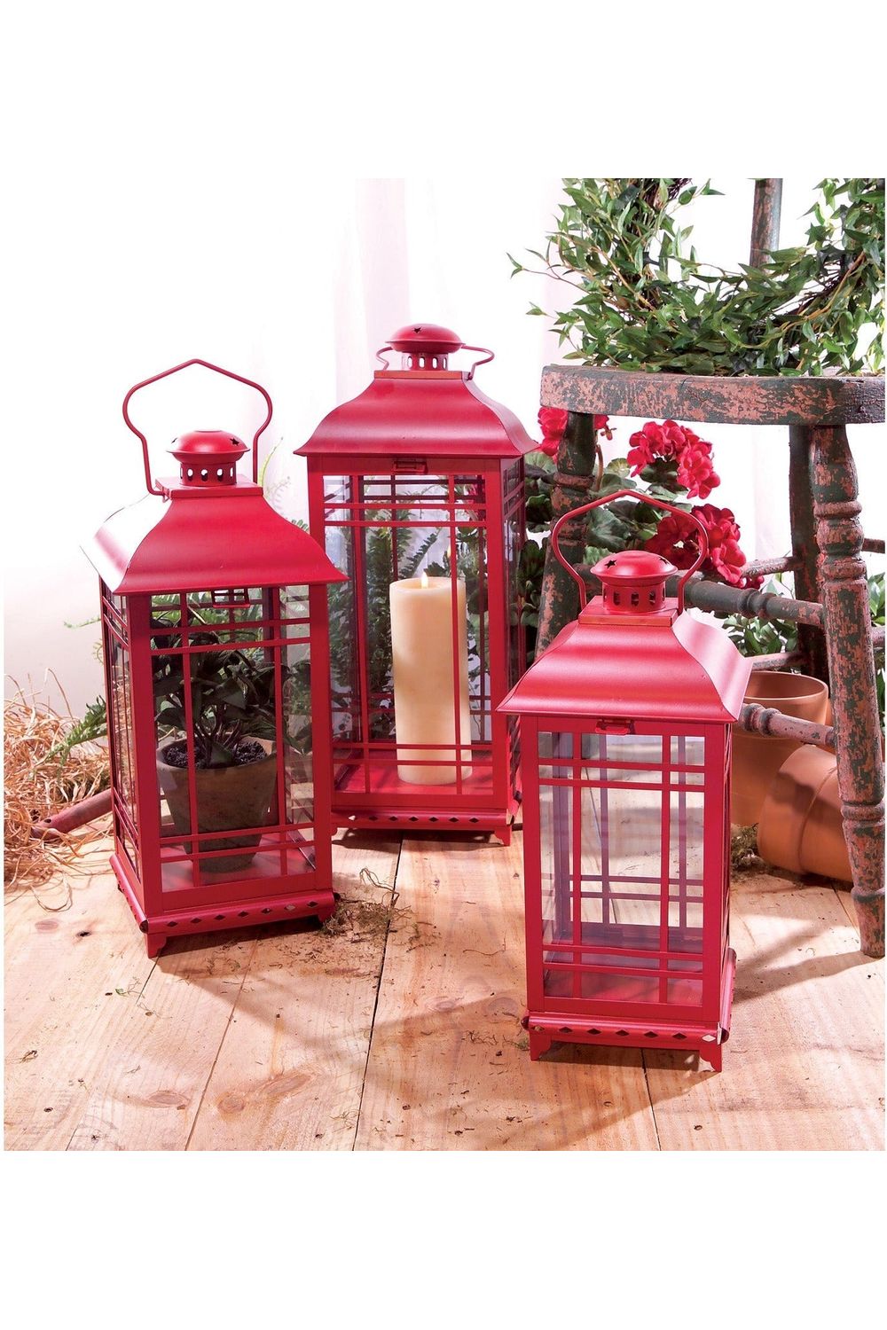 Shop For Red Metal and Glass Lanterns (Set of 3) at Michelle's aDOORable Creations