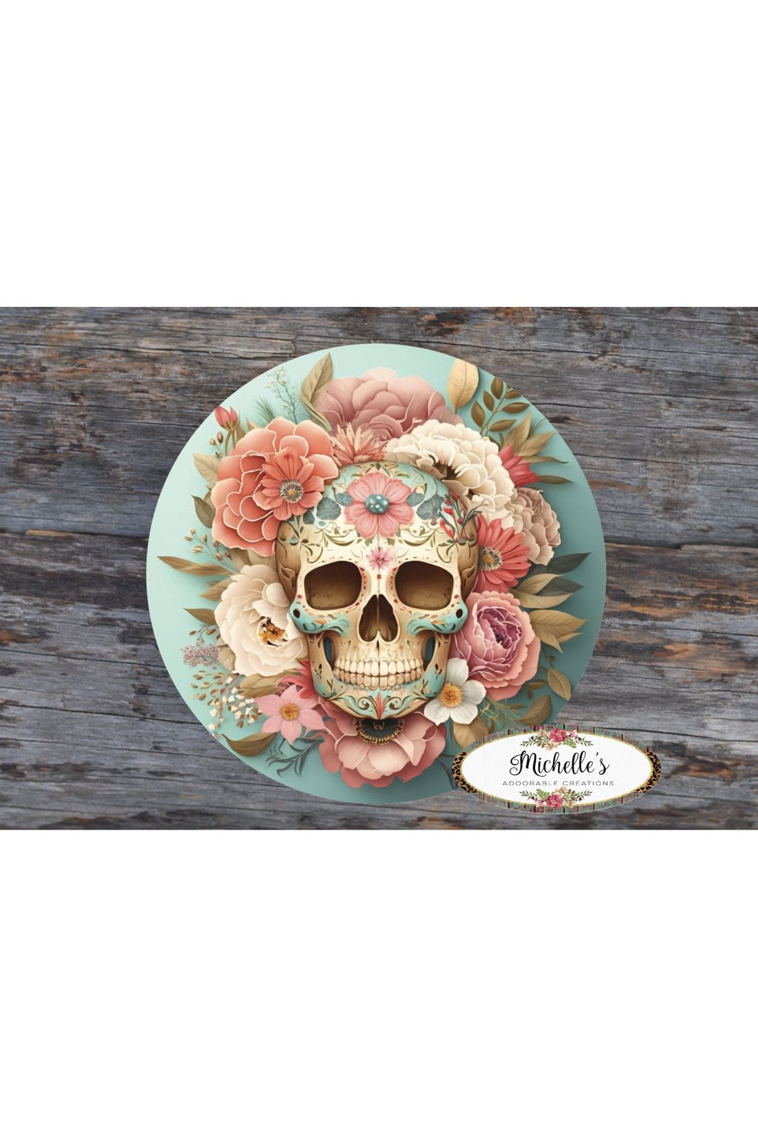 Sugar Skull Teal Floral Sign - Wreath Enhancement - Michelle's aDOORable Creations - Signature Signs