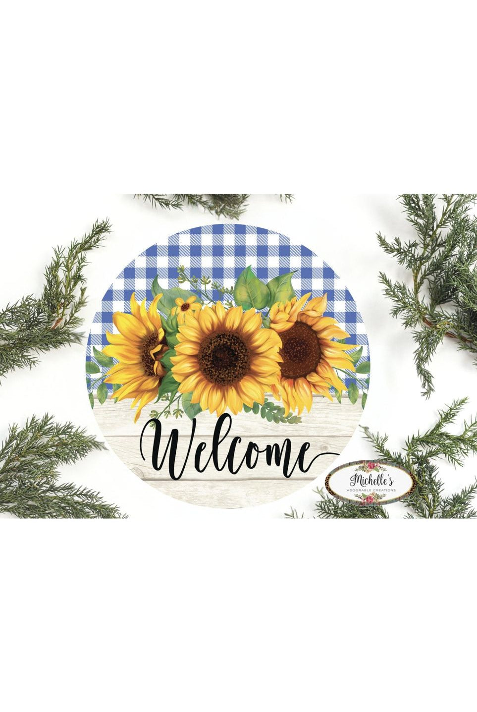 Shop For Sunflower Welcome Blue Plaid Round Sign - Wreath Enhancement