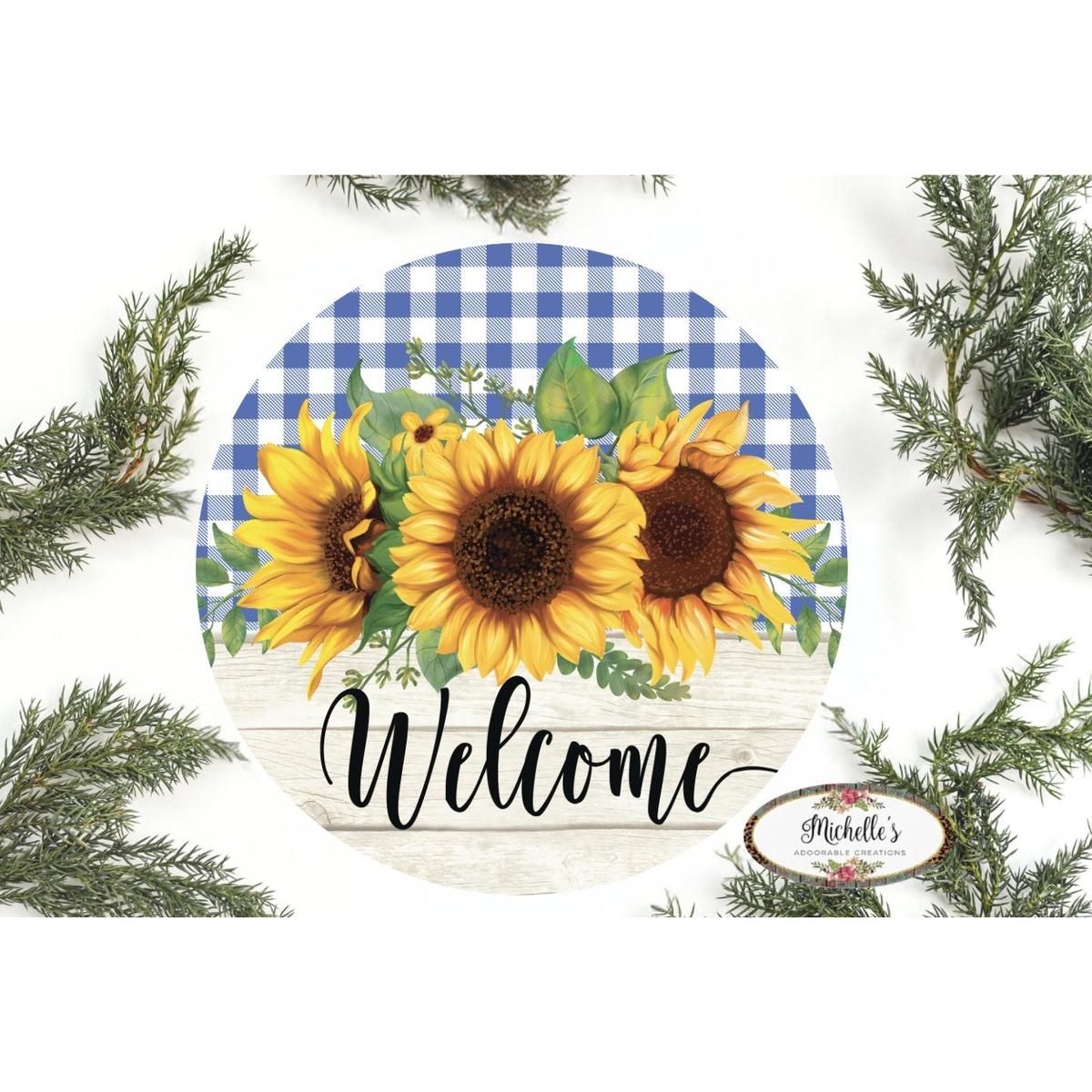 Shop For Sunflower Welcome Blue Plaid Round Sign - Wreath Enhancement at Michelle's aDOORable Creations