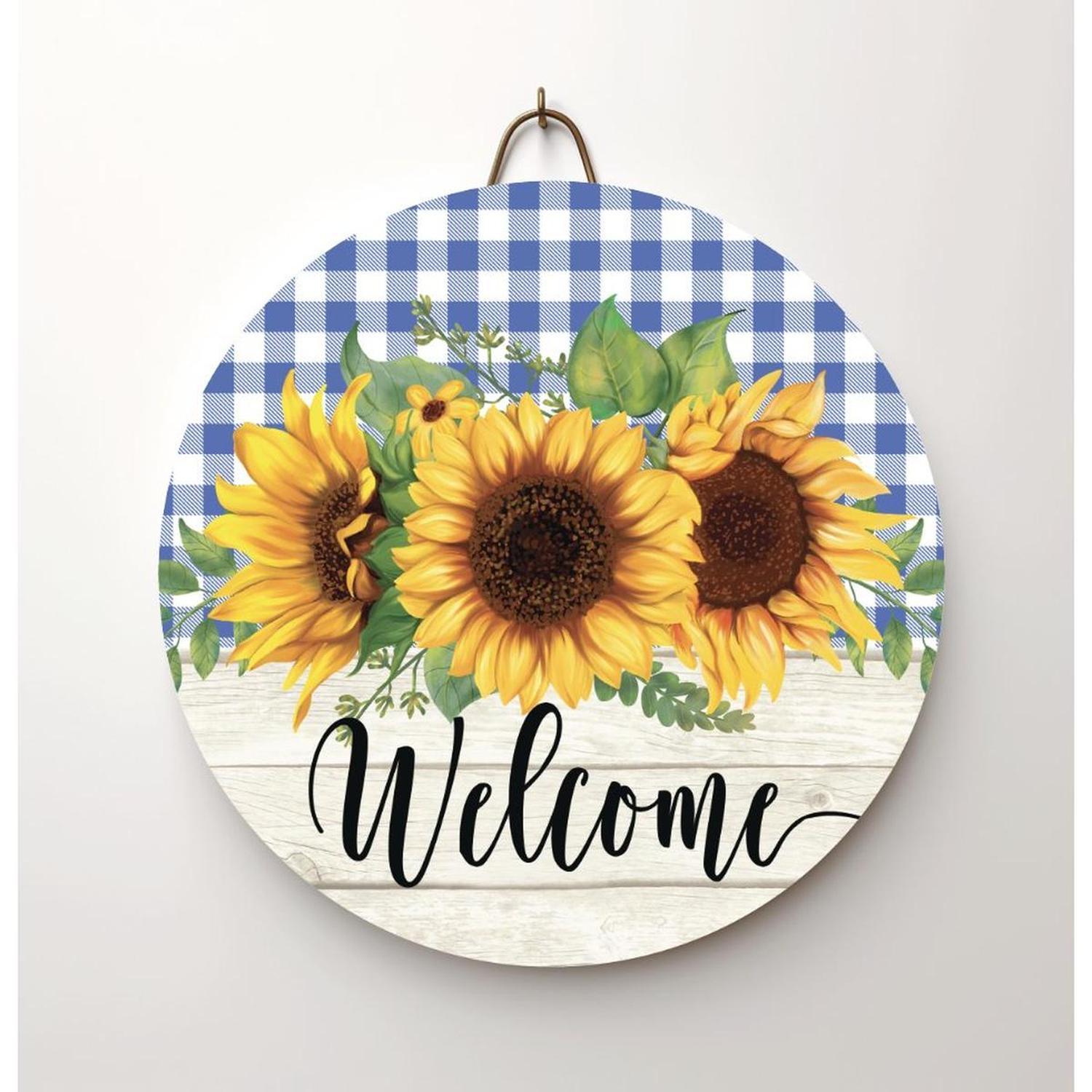 Sunflower Welcome Blue Plaid Round Sign