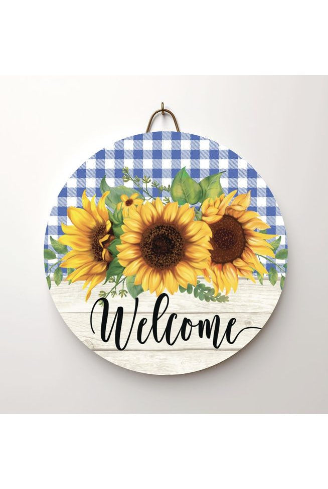 Shop For Sunflower Welcome Blue Plaid Round Sign - Wreath Enhancement