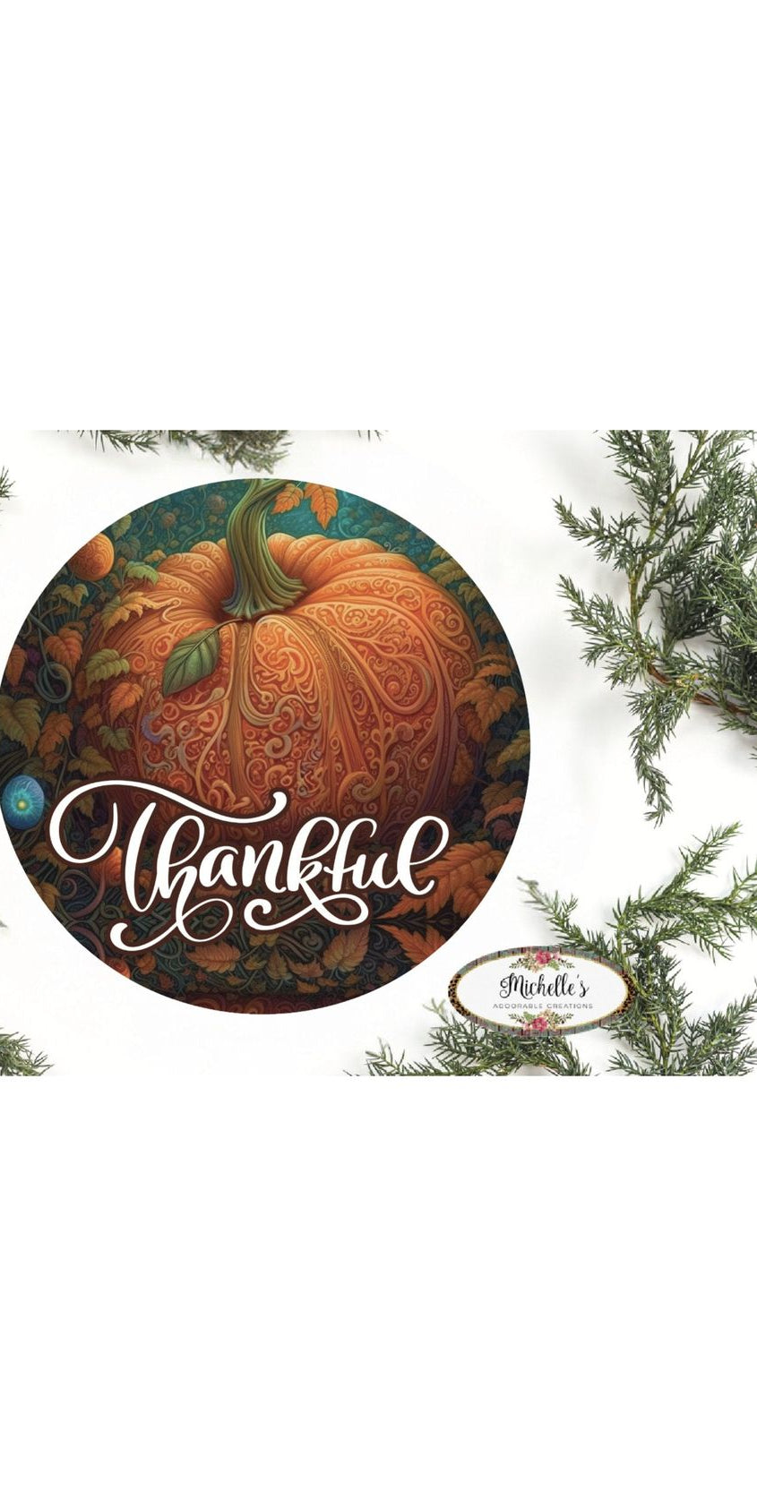 Thankful Ornate Orange Teal Pumpkin Sign - Wreath Accent Sign - Michelle's aDOORable Creations - Signature Signs