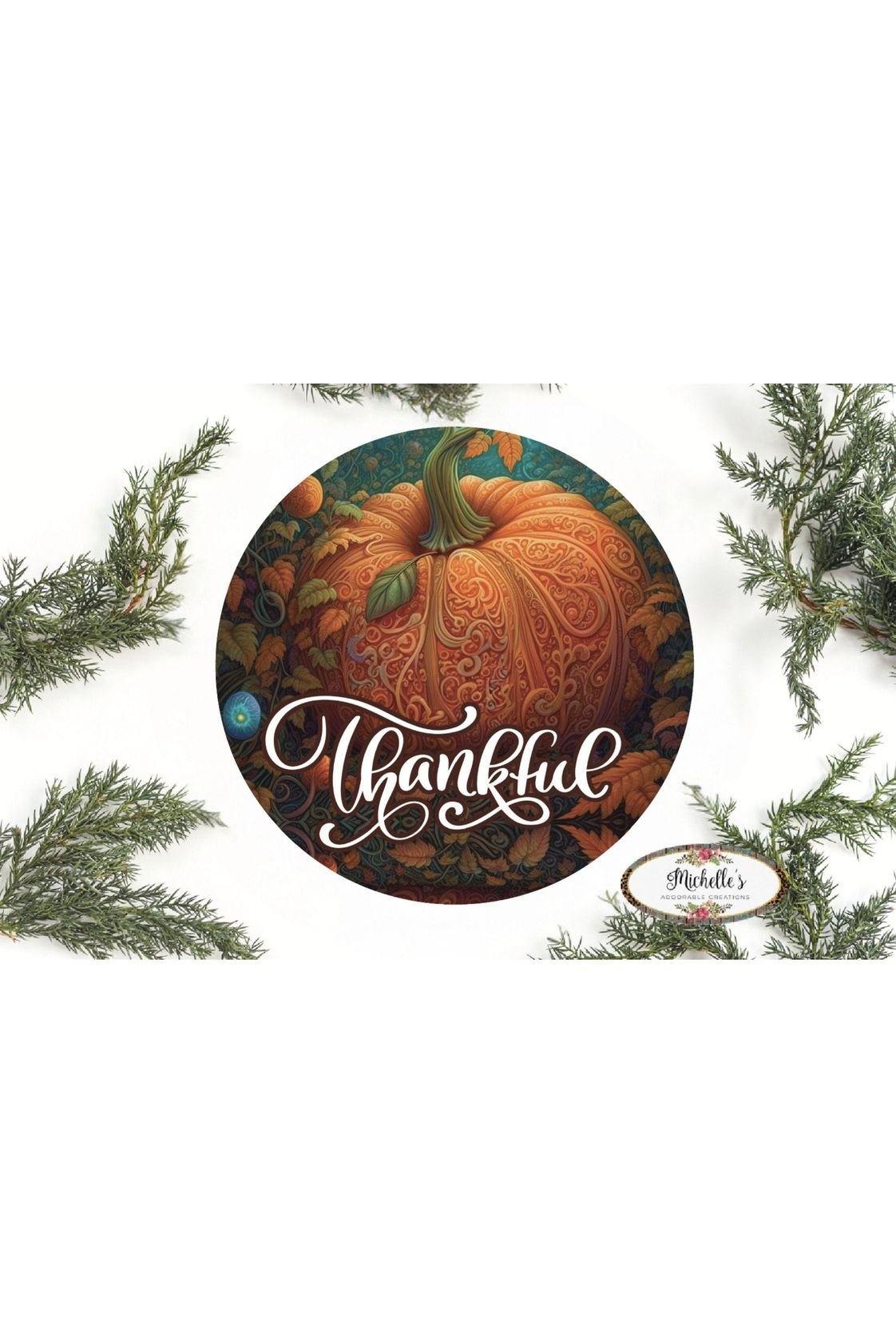 Thankful Ornate Orange Teal Pumpkin Sign - Wreath Accent Sign - Michelle's aDOORable Creations - Signature Signs