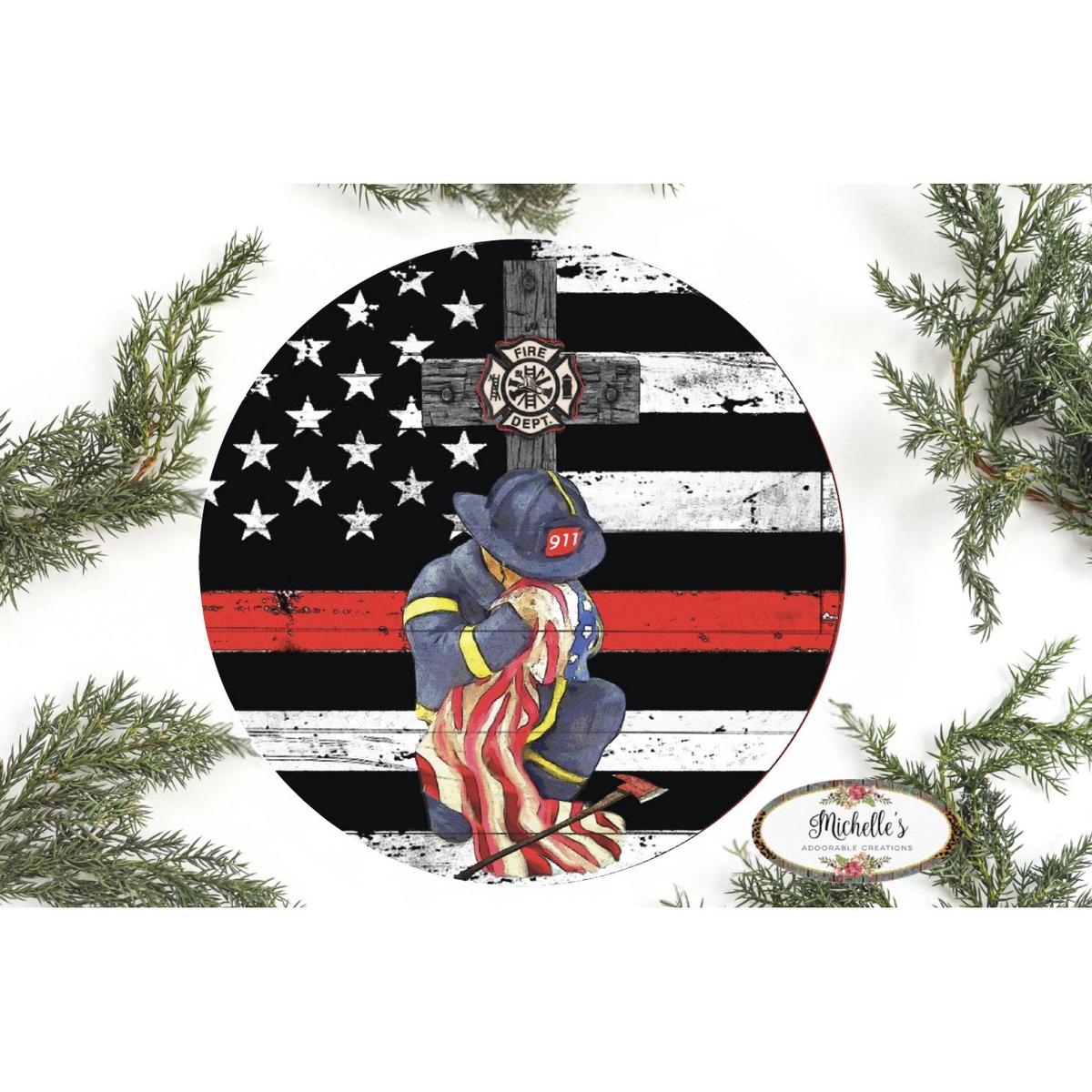Shop For Thin Red Line Kneeling Firefighter Round Sign at Michelle's aDOORable Creations