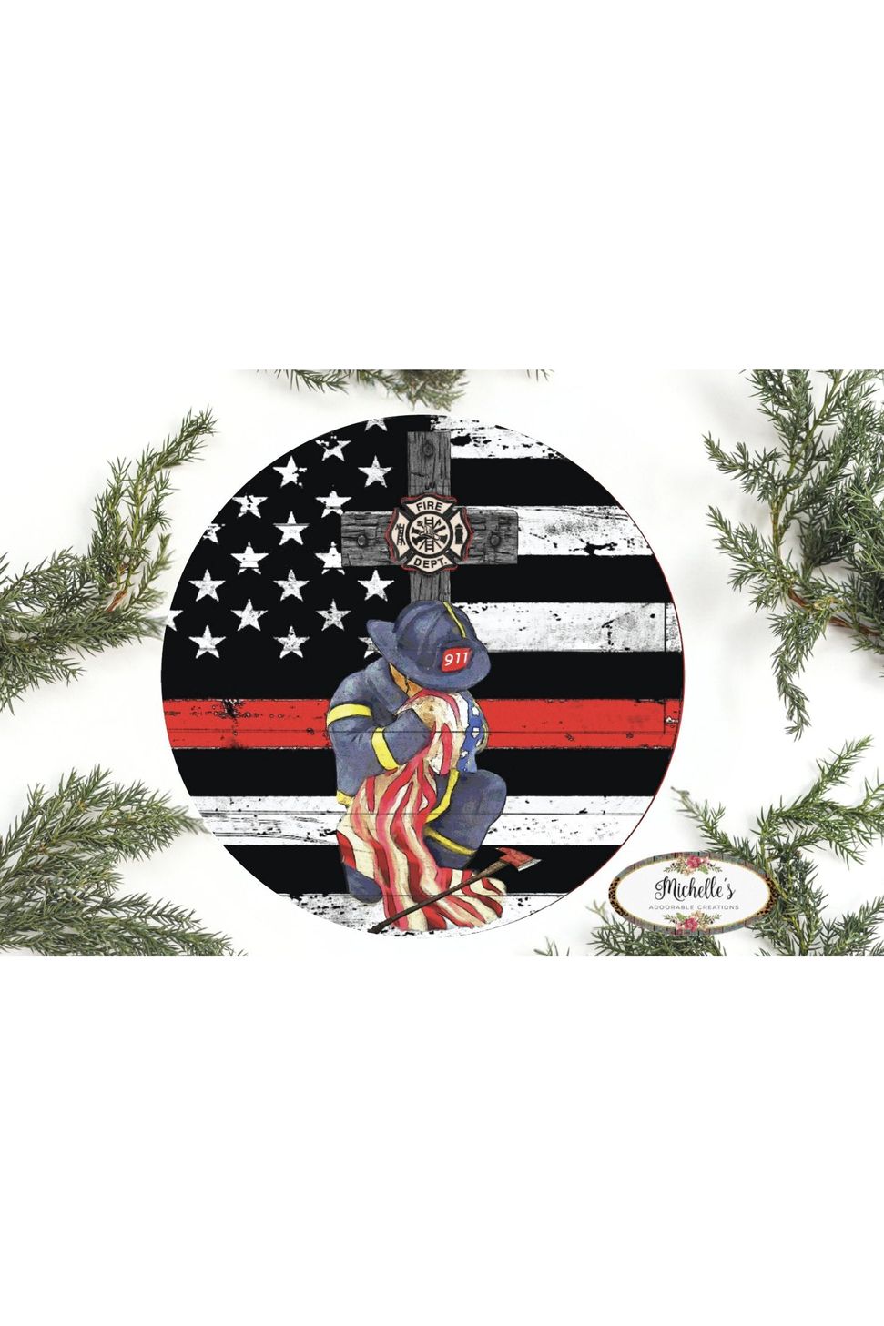 Shop For Thin Red Line Kneeling Firefighter Round Sign - Wreath Enhancement