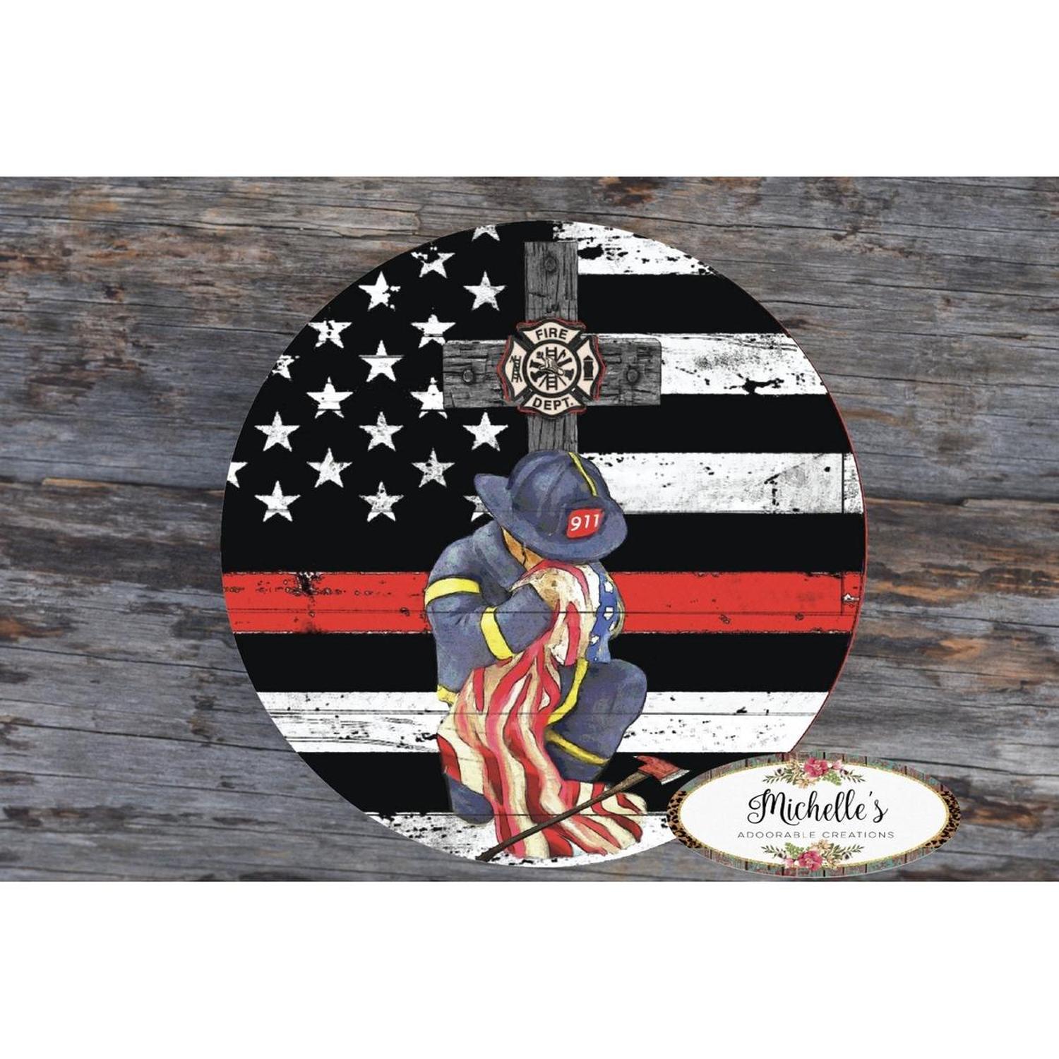 Thin Red Line Kneeling Firefighter Round Sign
