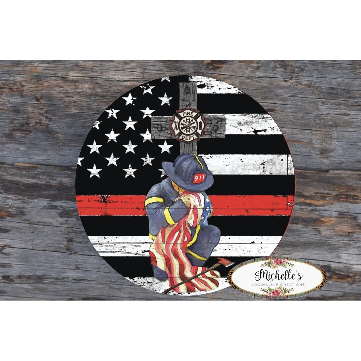 Shop For Thin Red Line Kneeling Firefighter Round Sign at Michelle's aDOORable Creations