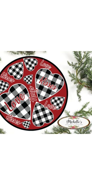 Valentine Plaid Hugs and Kisses Round Sign - Wreath Enhancement - Michelle's aDOORable Creations - Signature Signs