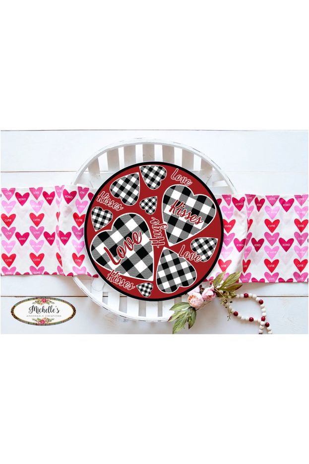 Valentine Plaid Hugs and Kisses Round Sign - Wreath Enhancement - Michelle's aDOORable Creations - Signature Signs