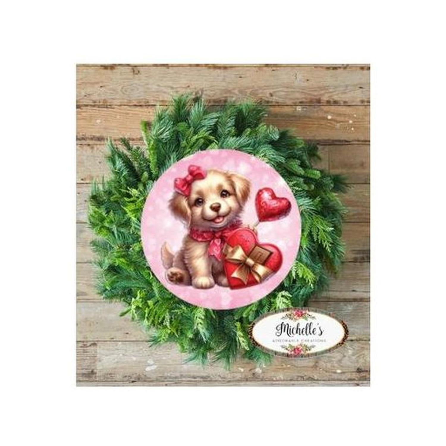 Shop For Valentine Puppy Candy Hearts Round Sign - Wreath Enhancement at Michelle's aDOORable Creations