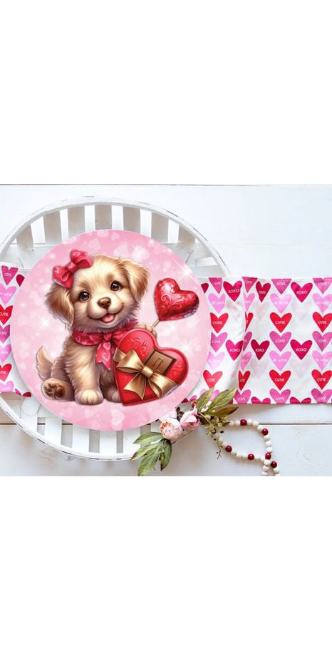 Valentine Puppy Candy Hearts Round Sign - Wreath Enhancement - Michelle's aDOORable Creations - Signature Signs