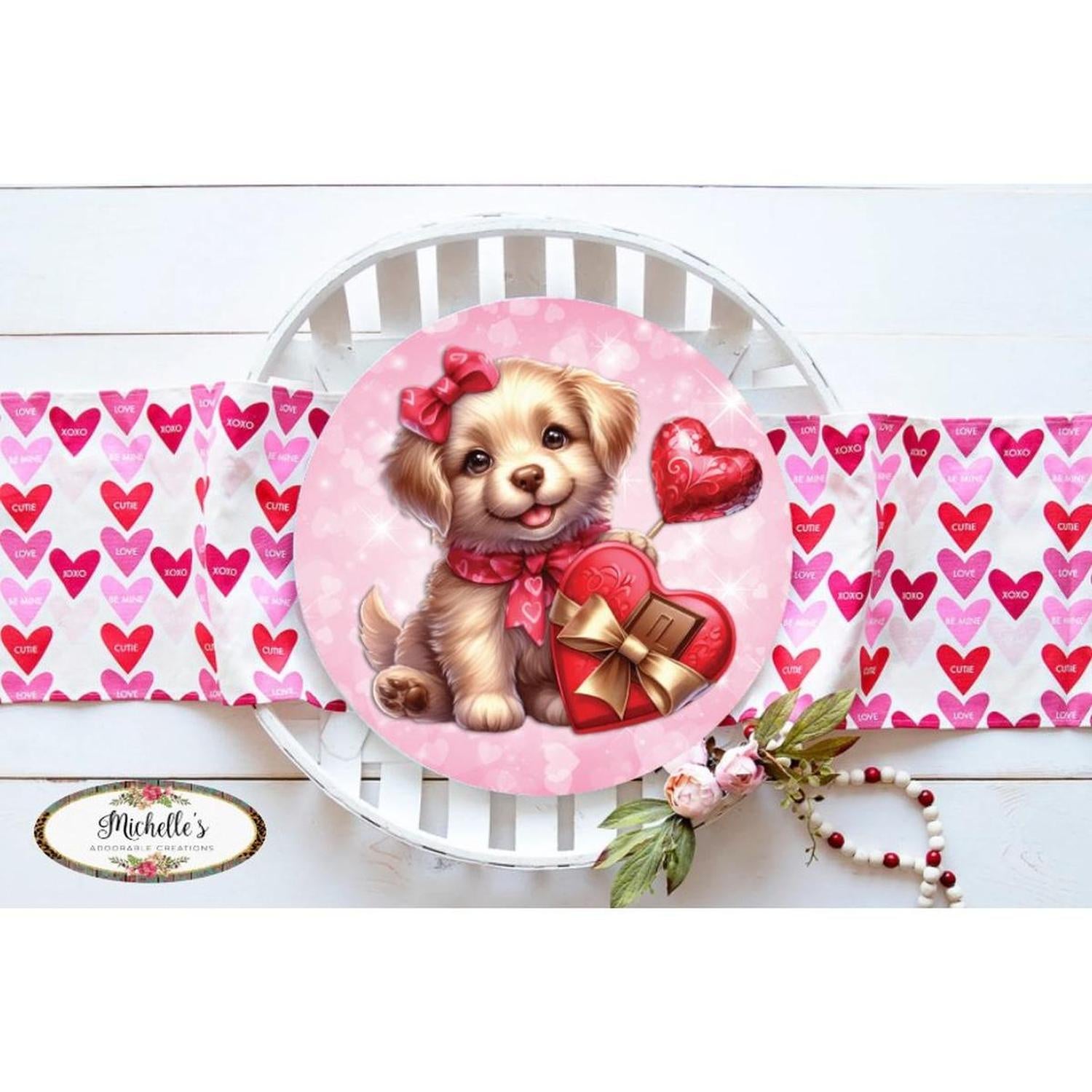 Shop For Valentine Puppy Candy Hearts Round Sign - Wreath Enhancement at Michelle's aDOORable Creations