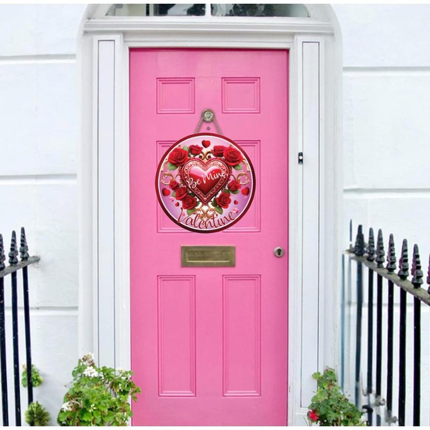 Valentine Red Roses Be Mine Round Sign - Wreath Enhancement