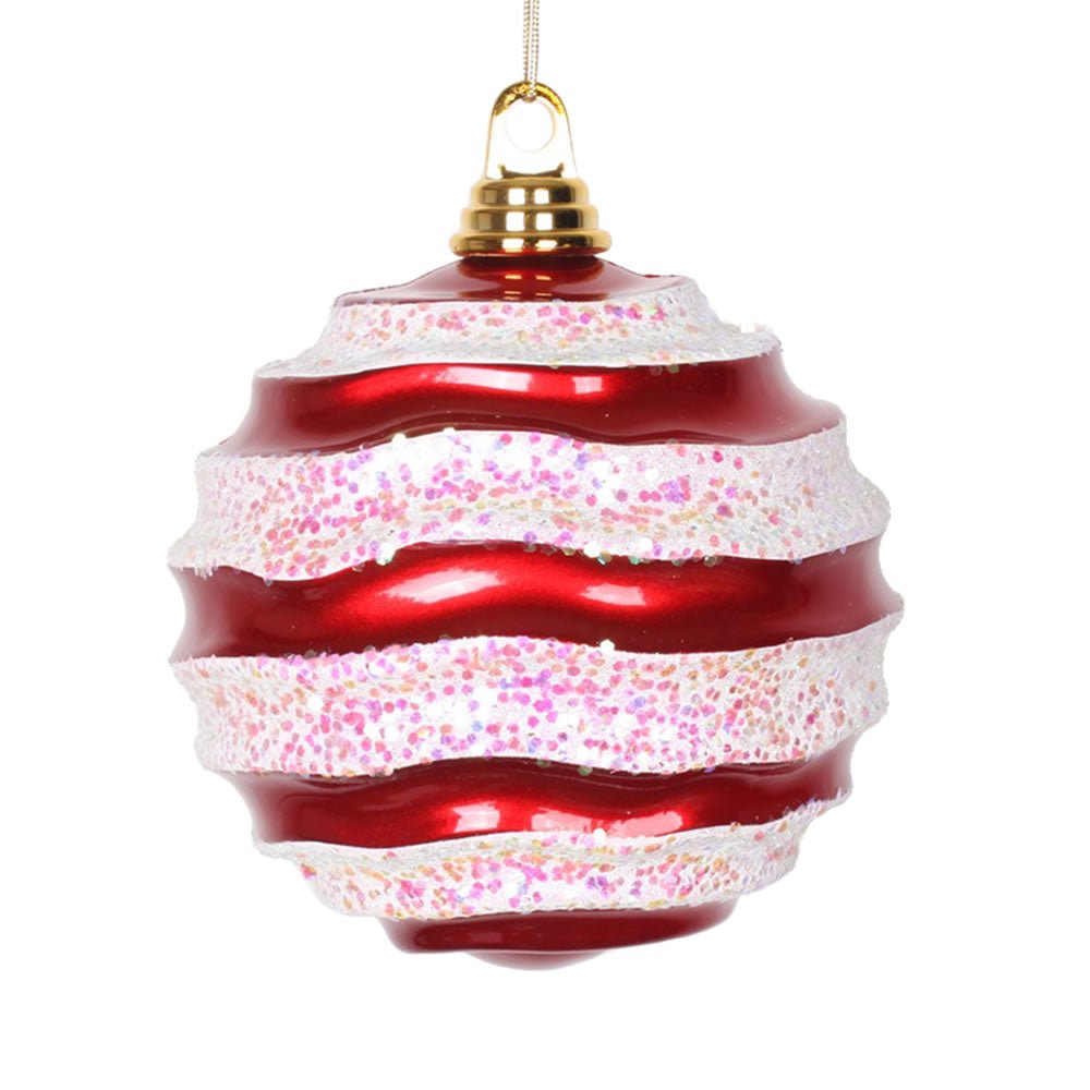 Vickerman 6" Red-White Candy Glitter Wave Ball - Michelle's aDOORable Creations - Holiday Ornaments