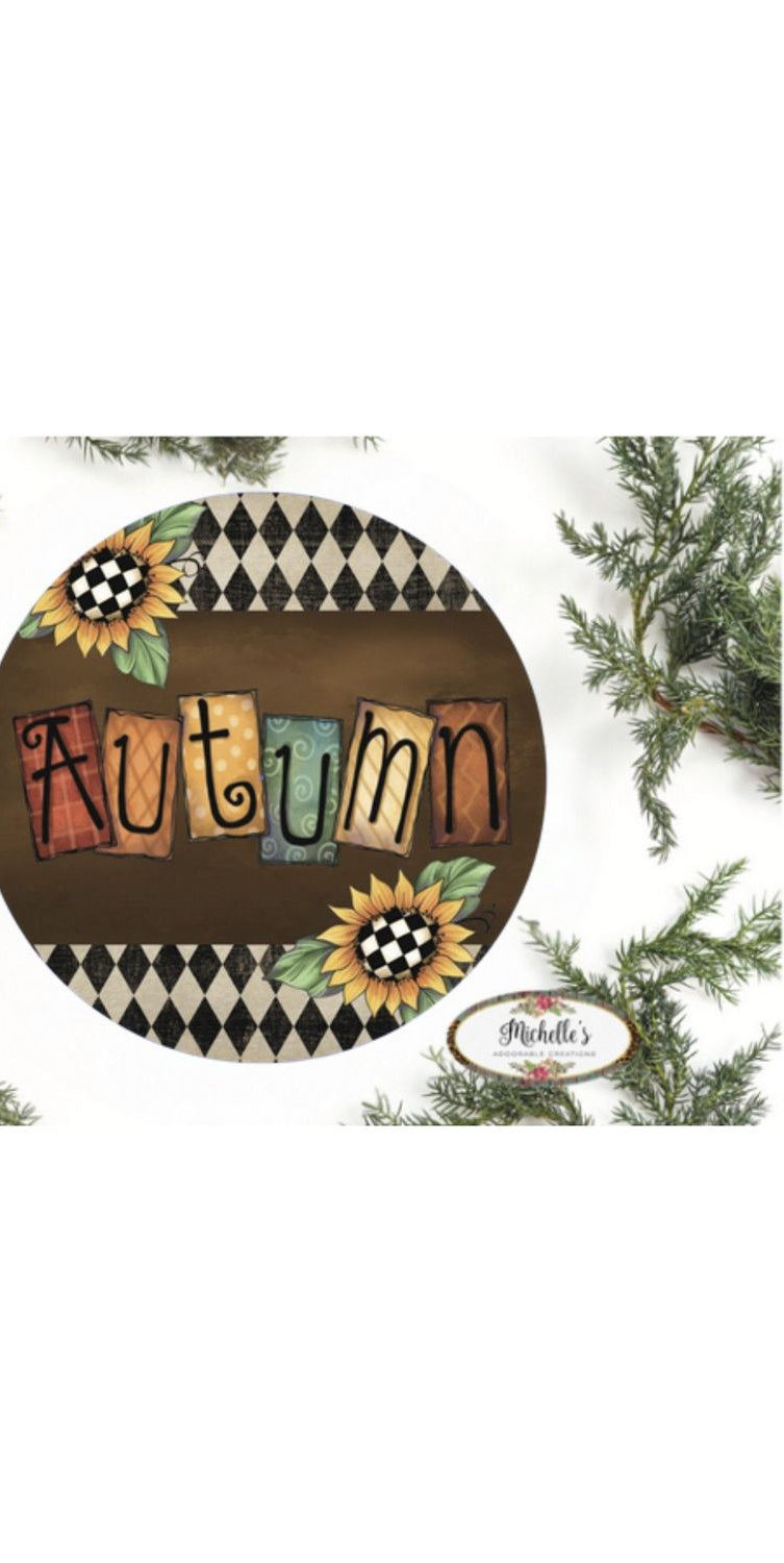 Vintage Harlequin Autumn Sunflower Sign - Wreath Accent Sign - Michelle's aDOORable Creations - Signature Signs