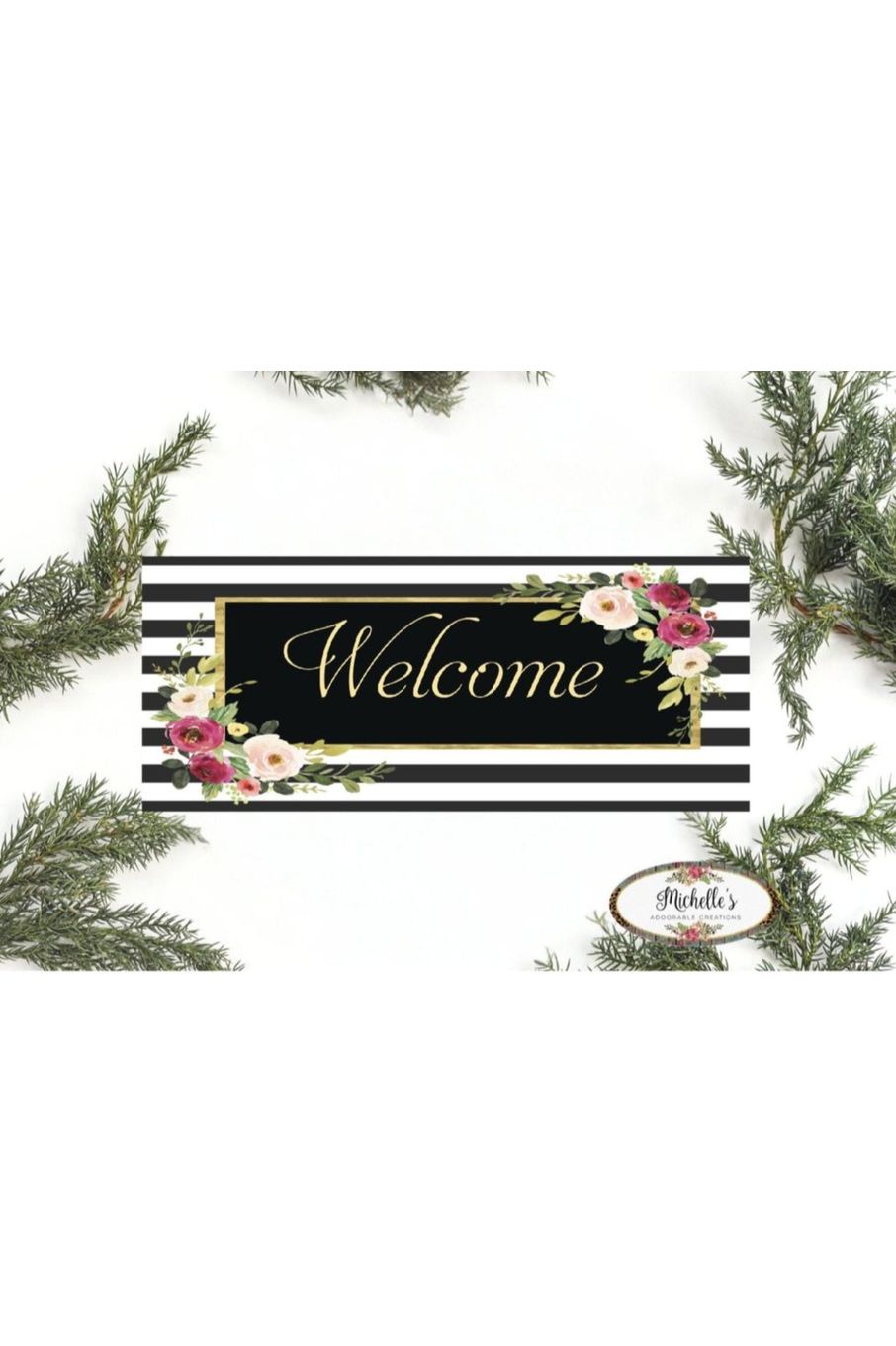 Shop For Welcome Black White Floral Elegant Sign - Wreath Enhancement at Michelle's aDOORable Creations