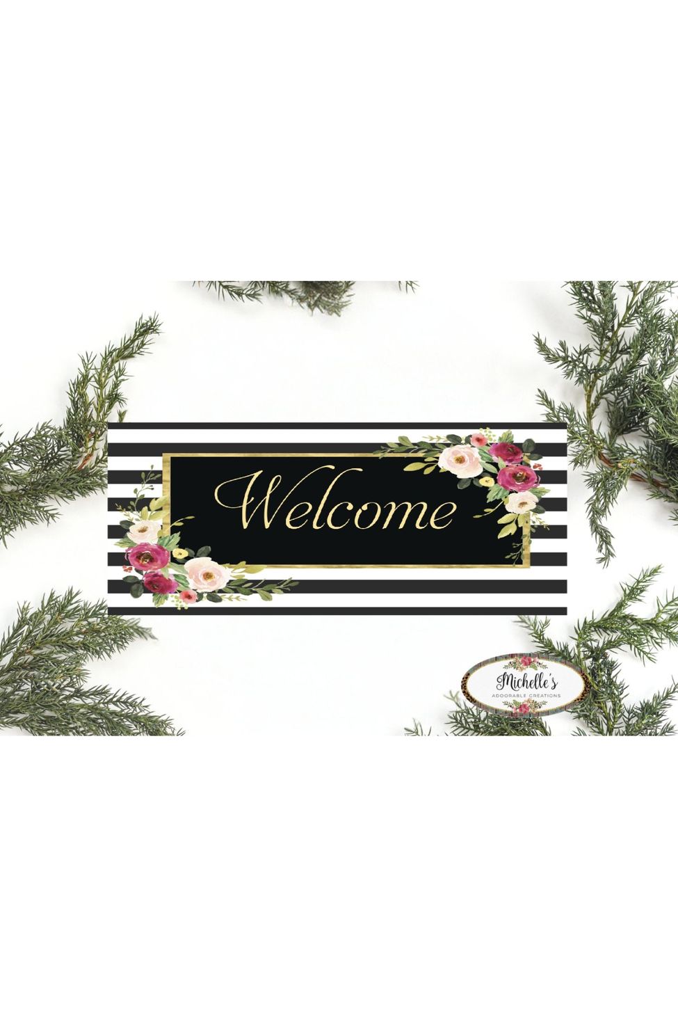 Shop For Welcome Black White Floral Elegant Sign - Wreath Enhancement