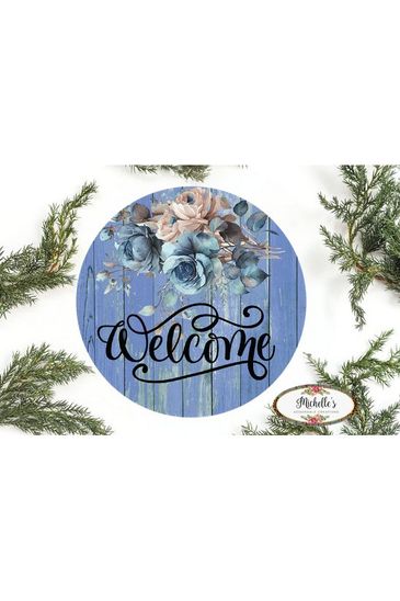 Welcome Blue Floral Round Sign - Wreath Enhancement - Michelle's aDOORable Creations - Signature Signs