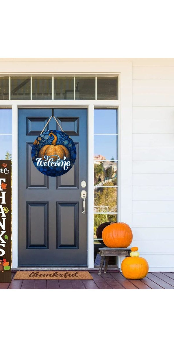 Welcome Ornate Orange Blue Pumpkin Sign - Wreath Accent Sign - Michelle's aDOORable Creations - Signature Signs