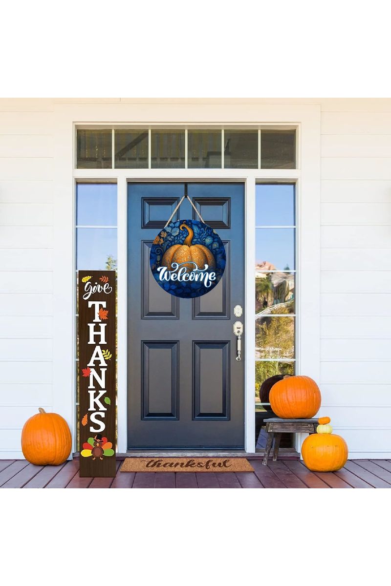 Welcome Ornate Orange Blue Pumpkin Sign - Wreath Accent Sign - Michelle's aDOORable Creations - Signature Signs