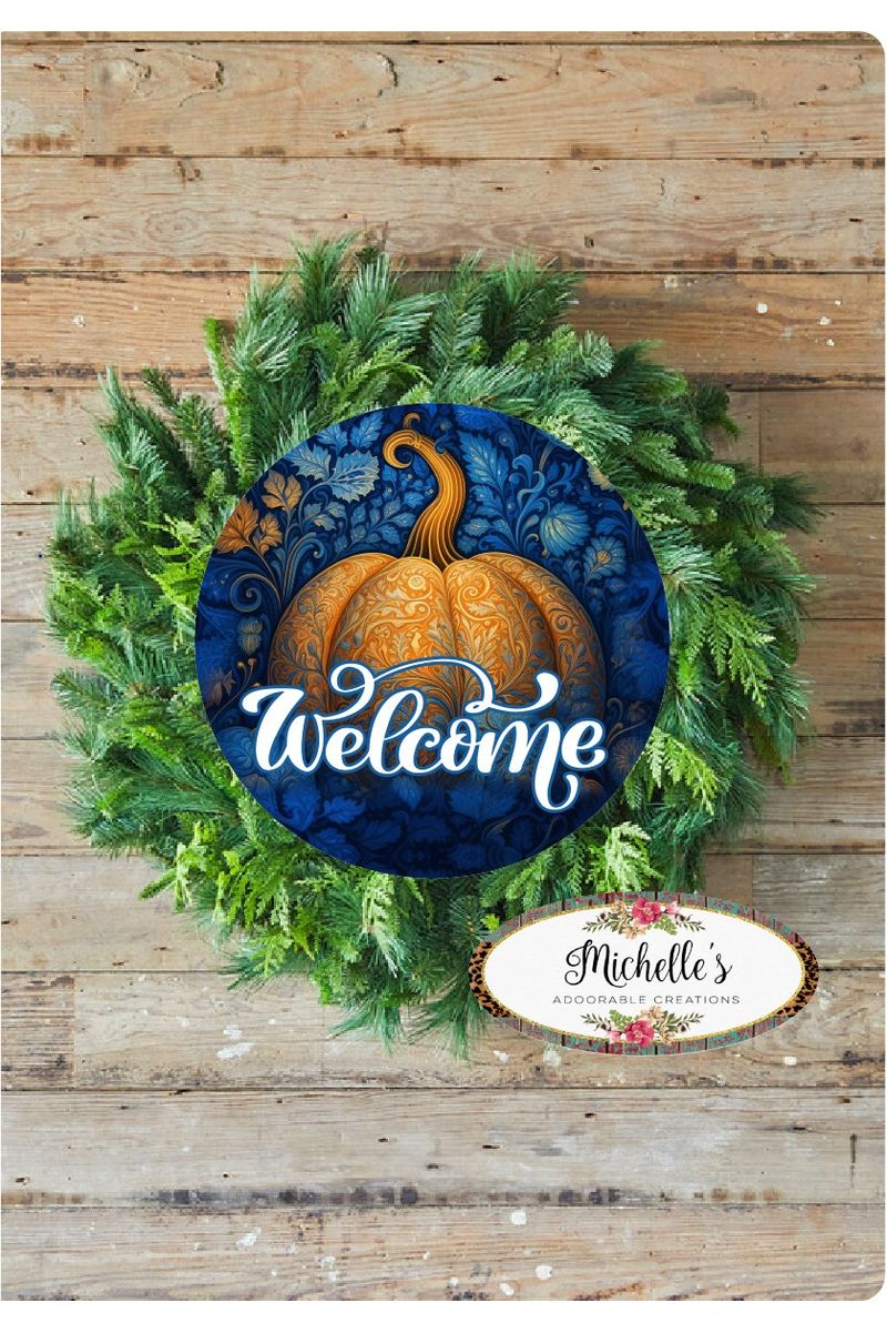 Shop For Welcome Ornate Orange Blue Pumpkin Sign - Wreath Accent Sign