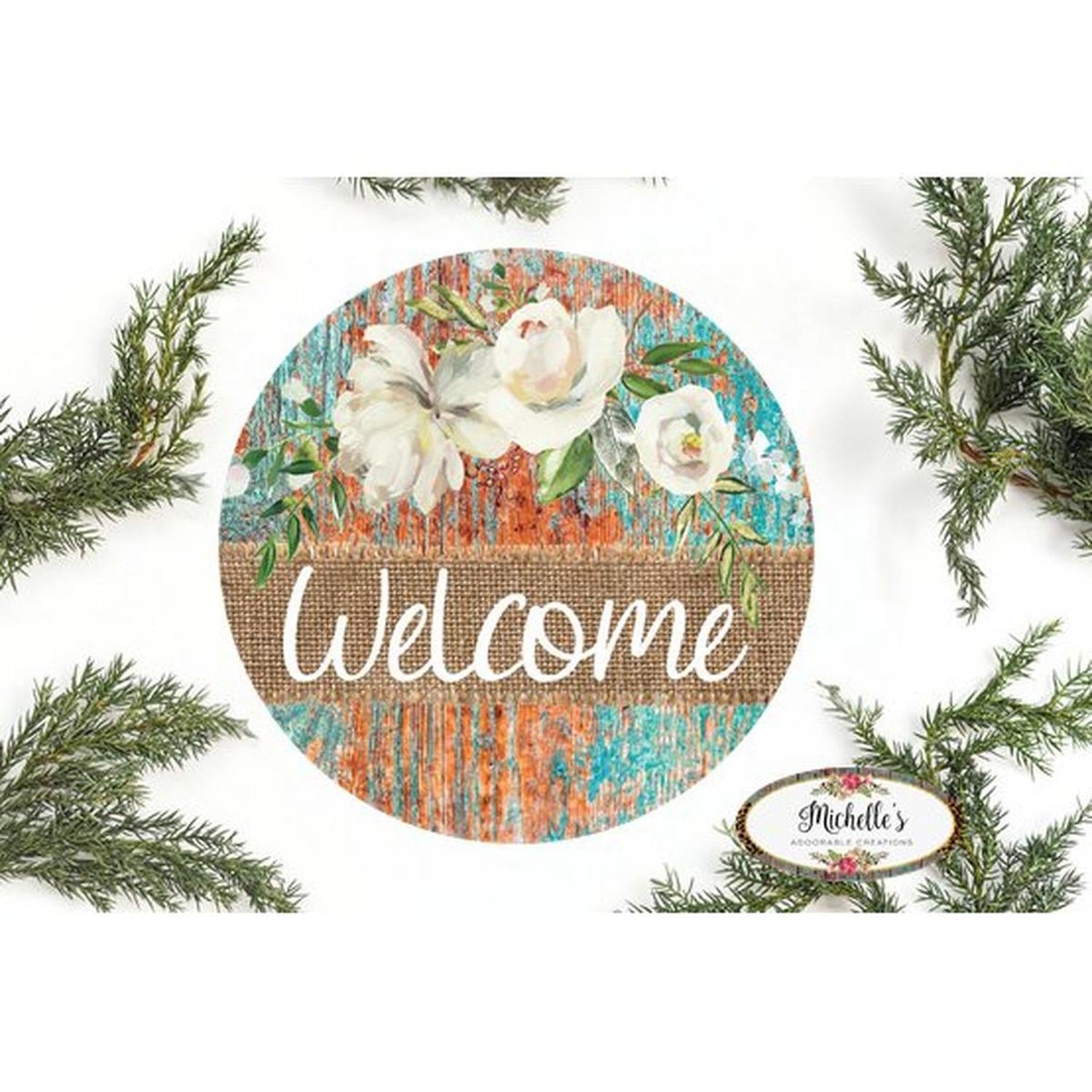 Welcome Round Floral Rustic Sign