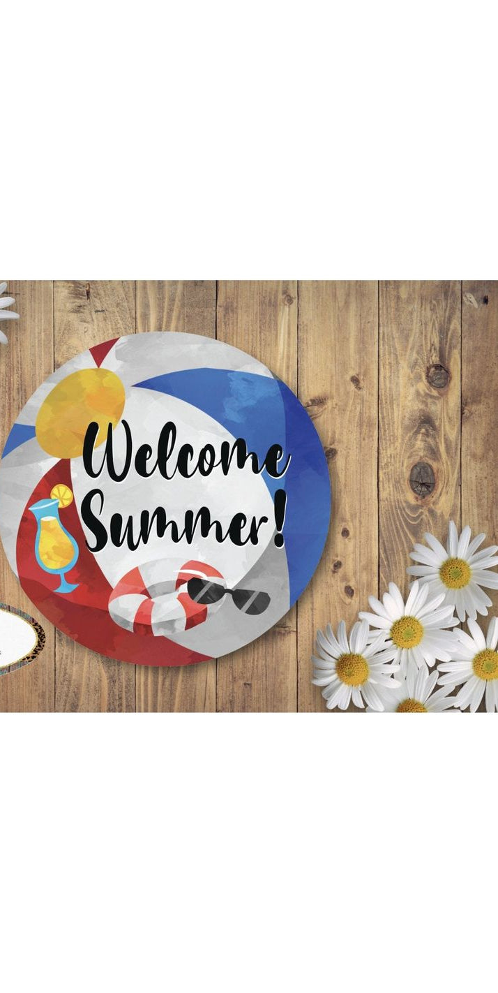 Welcome Summer Beach Ball Round Sign - Wreath Enhancement - Michelle's aDOORable Creations - Signature Signs