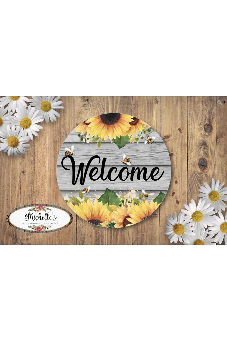 Welcome Sunflower Bumble Bee Round Sign - Wreath Enhancement - Michelle's aDOORable Creations - Signature Signs