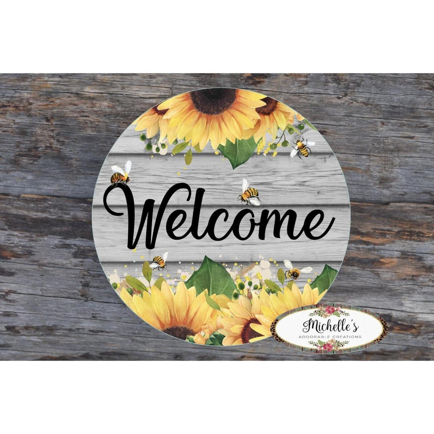 Welcome Sunflower Bumble Bee Round Sign