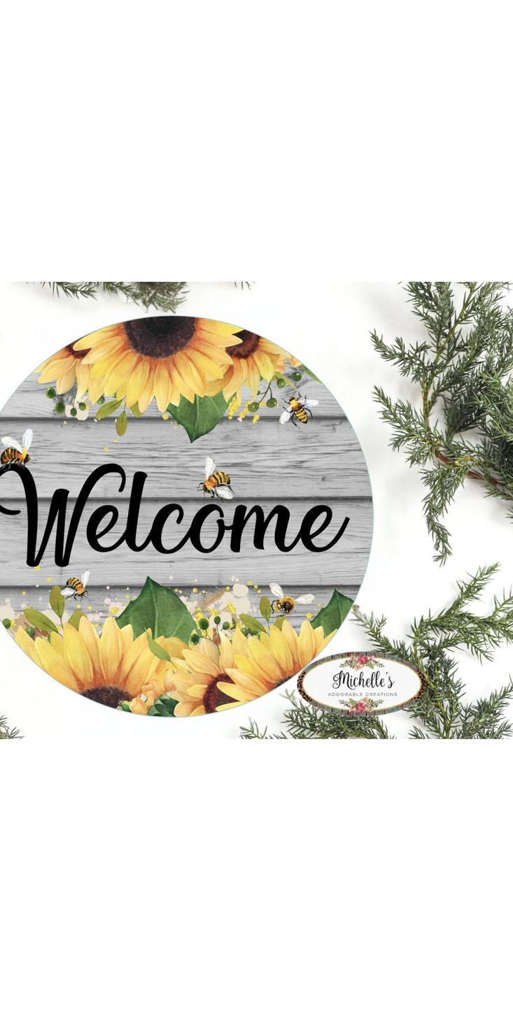 Welcome Sunflower Bumble Bee Round Sign - Wreath Enhancement - Michelle's aDOORable Creations - Signature Signs