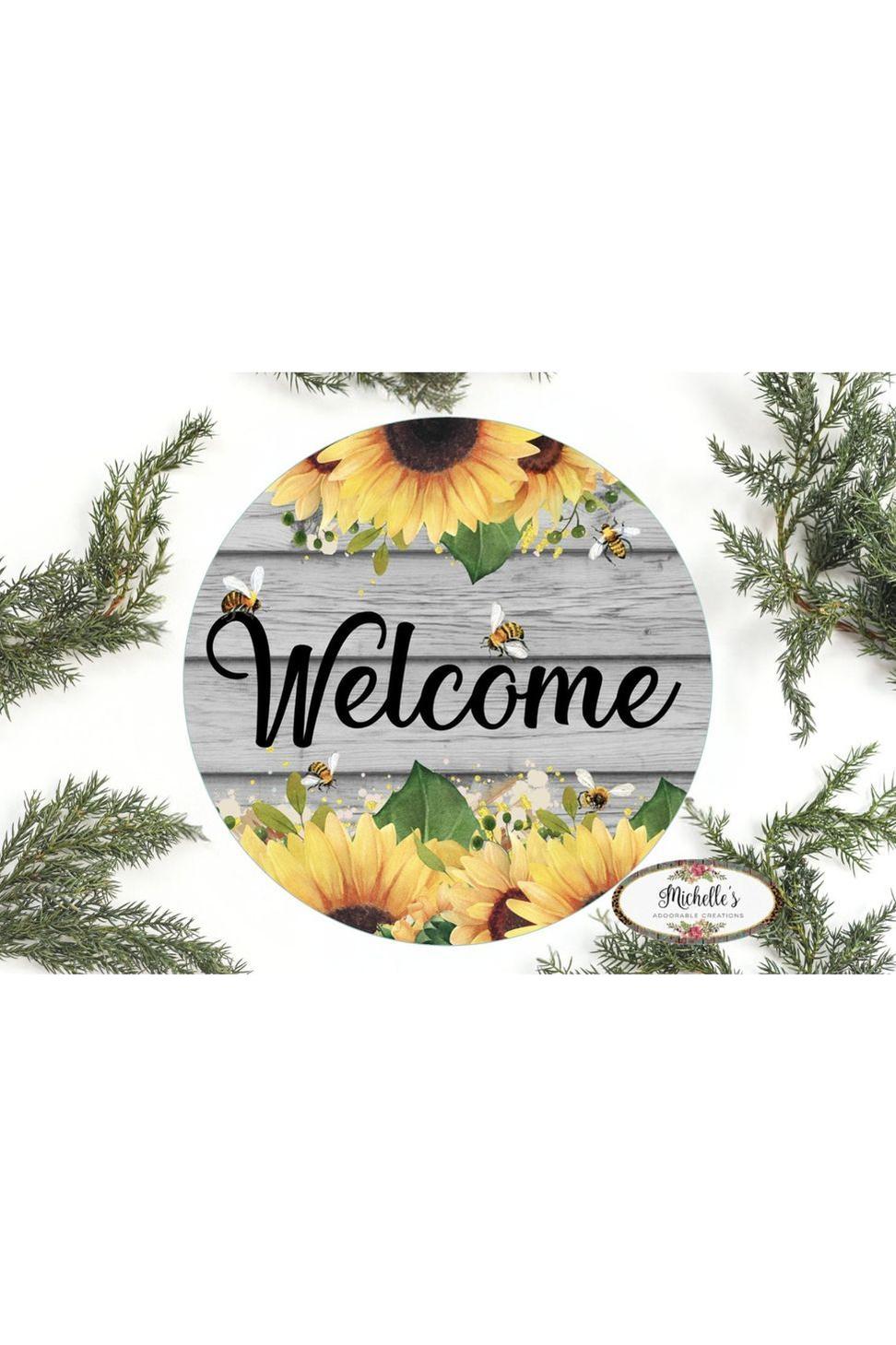 Shop For Welcome Sunflower Bumble Bee Round Sign - Wreath Enhancement at Michelle's aDOORable Creations