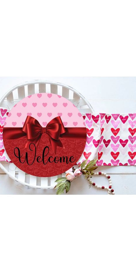 Welcome Valentine Red Bow Hearts Sign - Wreath Enhancement - Michelle's aDOORable Creations - Signature Signs