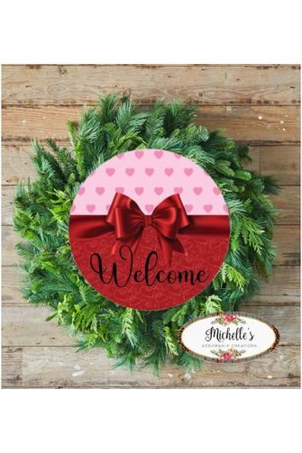 Shop For Welcome Valentine Red Bow Hearts Sign - Wreath Enhancement at Michelle's aDOORable Creations