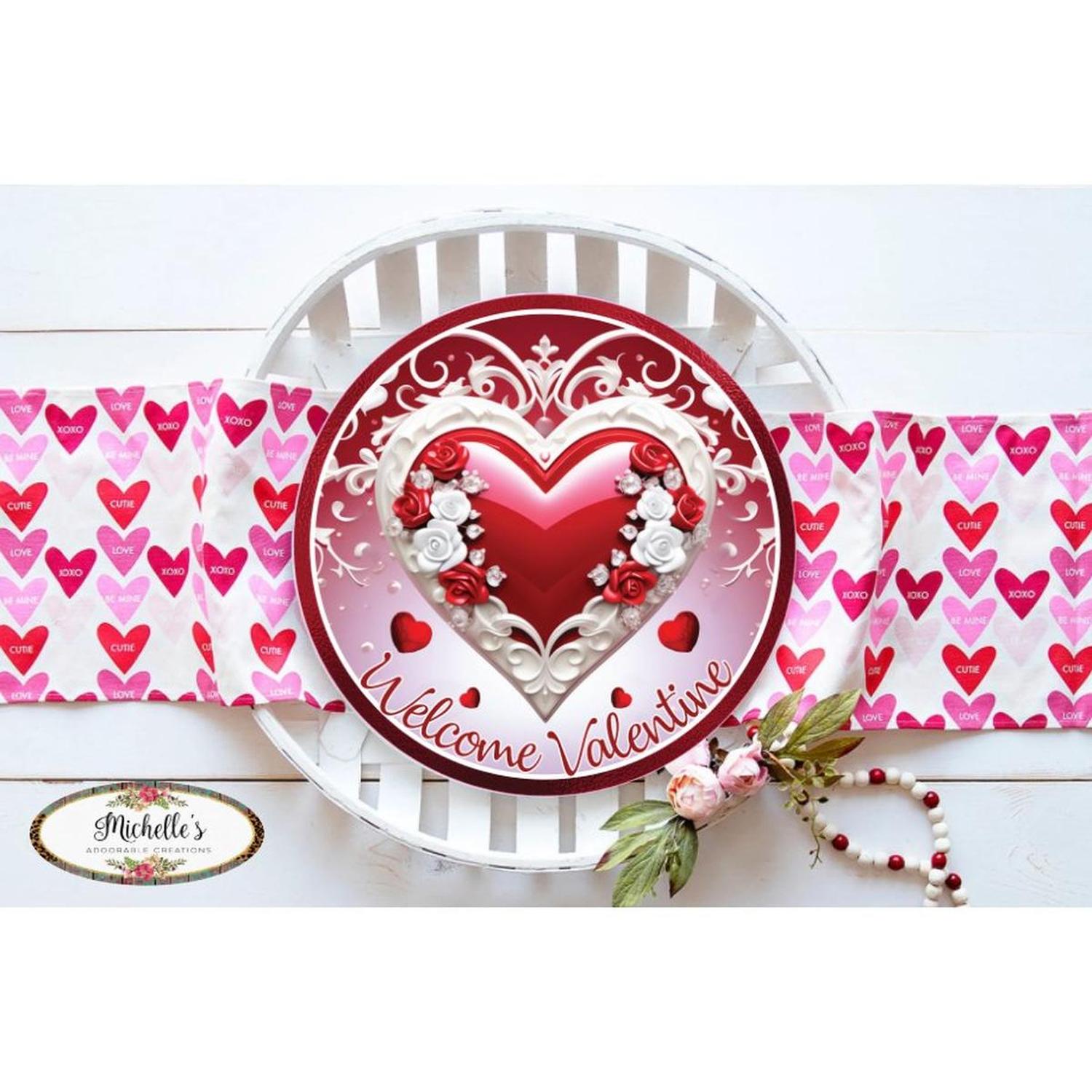 Welcome Valentine White Heart Round Sign - Wreath Enhancement