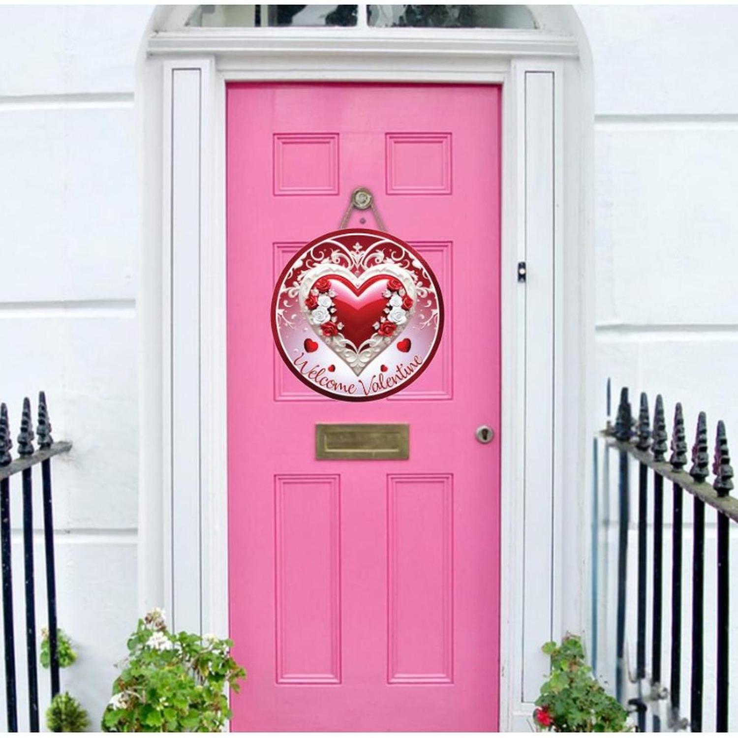 Welcome Valentine White Heart Round Sign - Wreath Enhancement