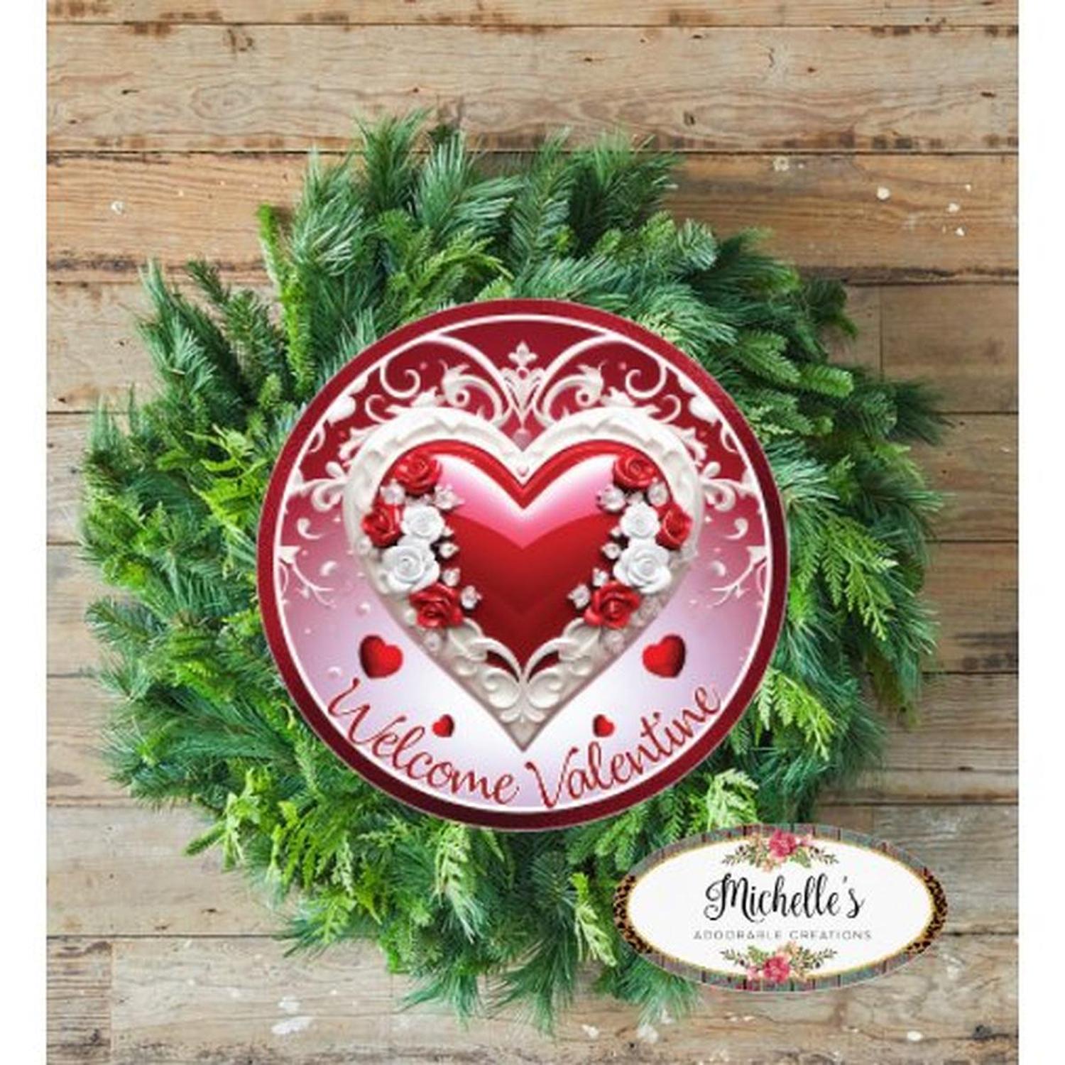 Welcome Valentine White Heart Round Sign - Wreath Enhancement