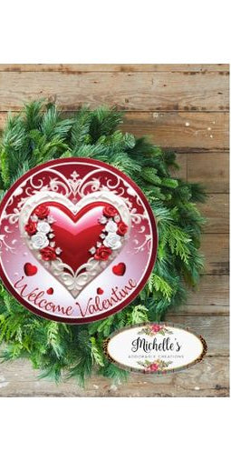 Welcome Valentine White Heart Round Sign - Wreath Enhancement - Michelle's aDOORable Creations - Signature Signs
